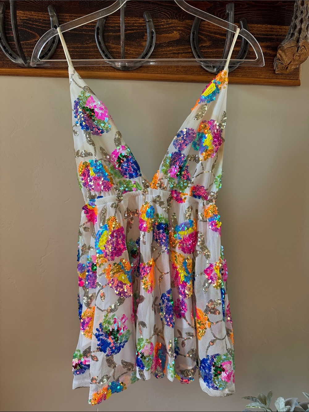 Lucy in the Sky White Sequin Floral Romper with Multicolor Accents